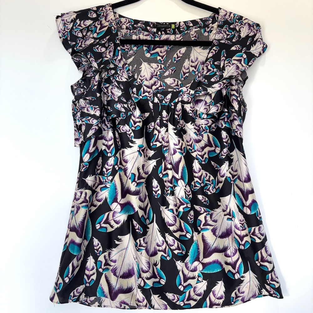 Anthropologie Leifsdottir Silk Ruffle Blouse Feather Print Womens 8 Top Black